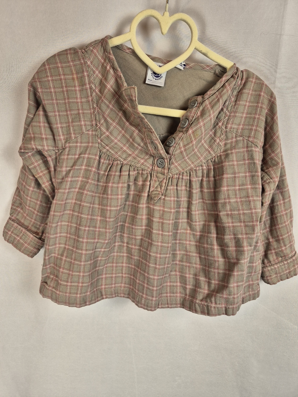Petit Bateau 100% CottonTaupe Plaid Button-Front Kids Shirt with Pink Stripes 2T
